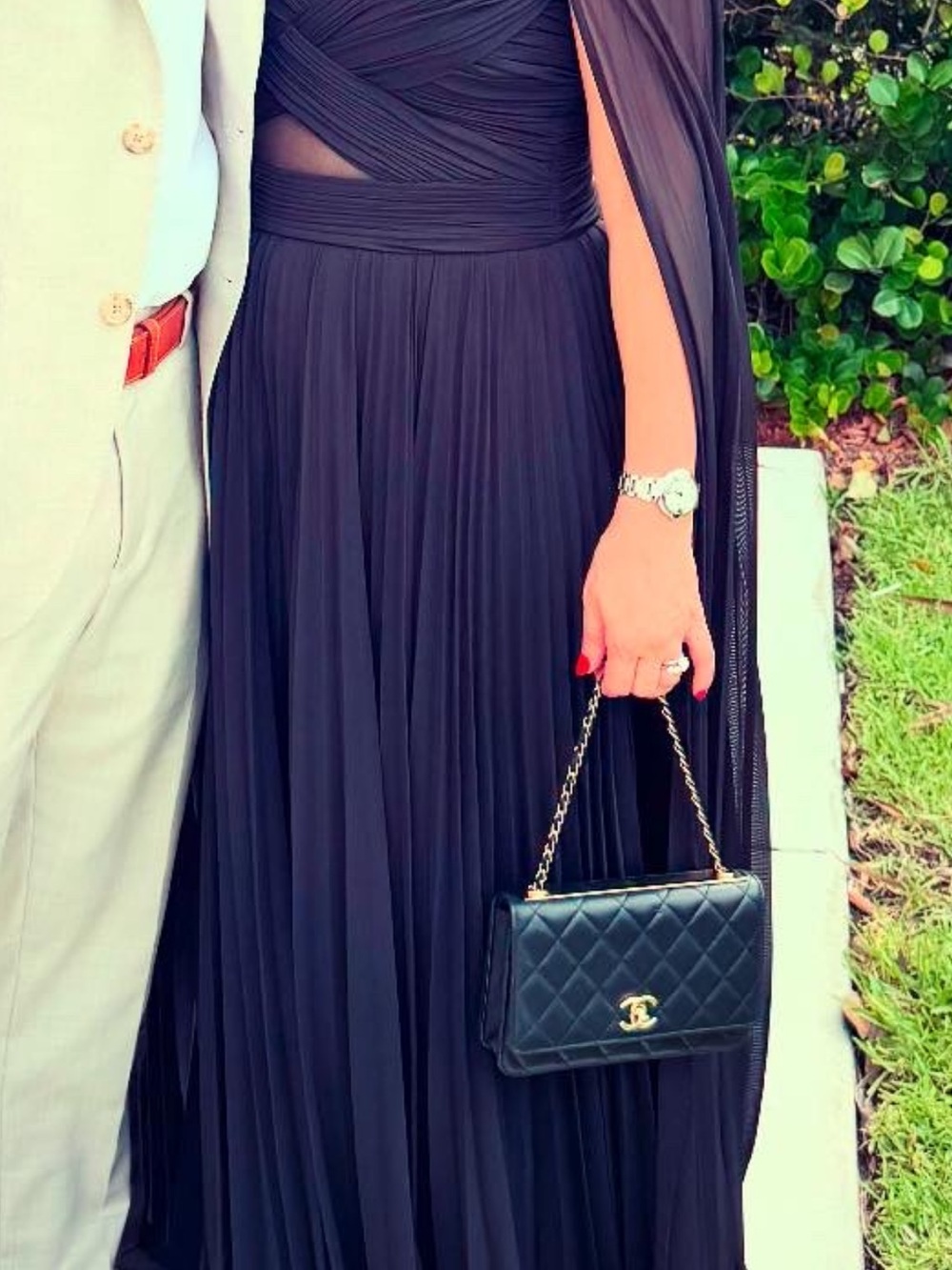 Elegant Black Pleated Evening Dress with Cape